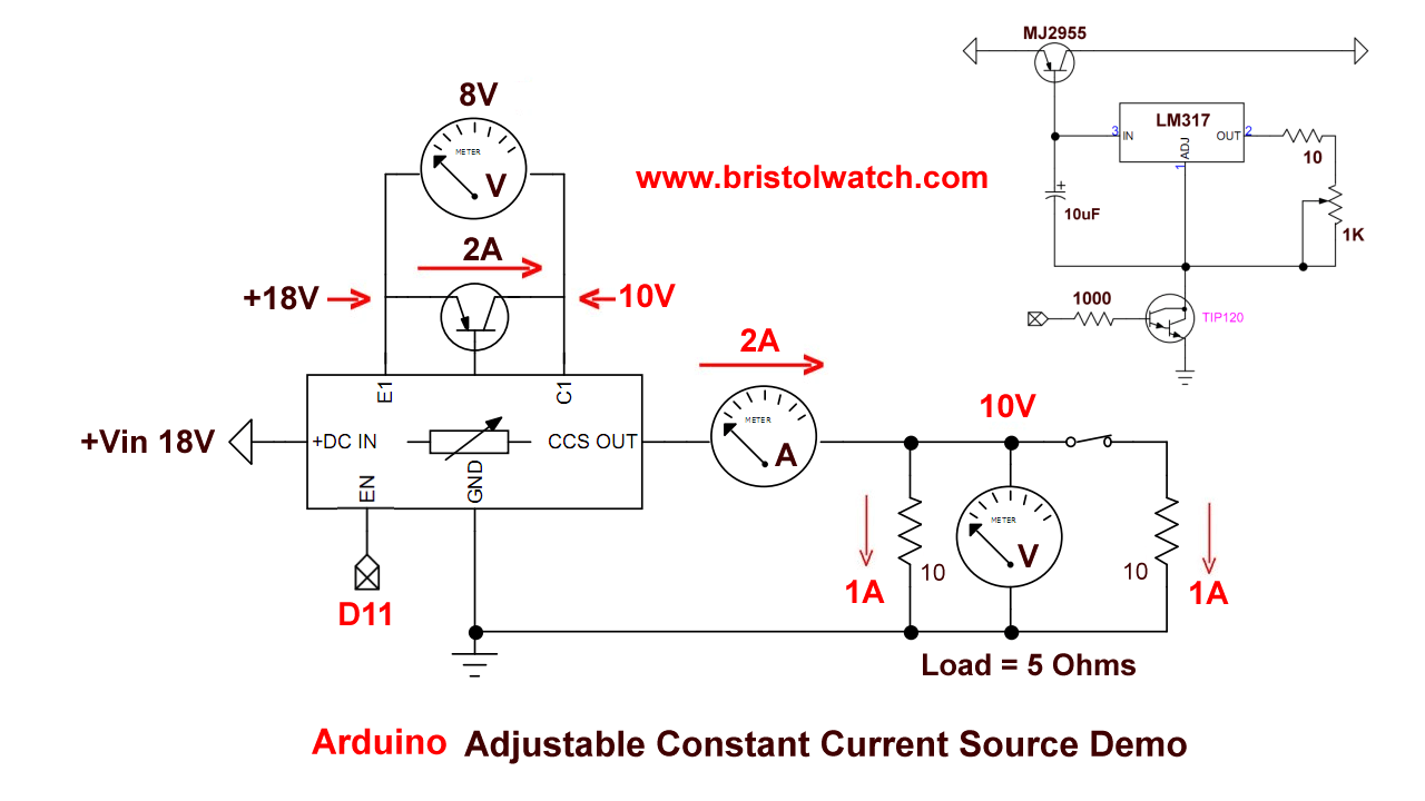 Electrical test schematic Arduino controlled variable constant current source.
