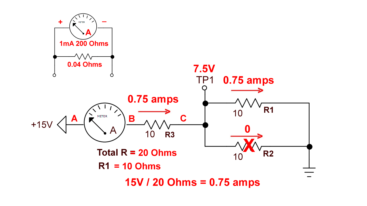 Series-parallel circuit with three 10 Ohm resistors, one resistor open.