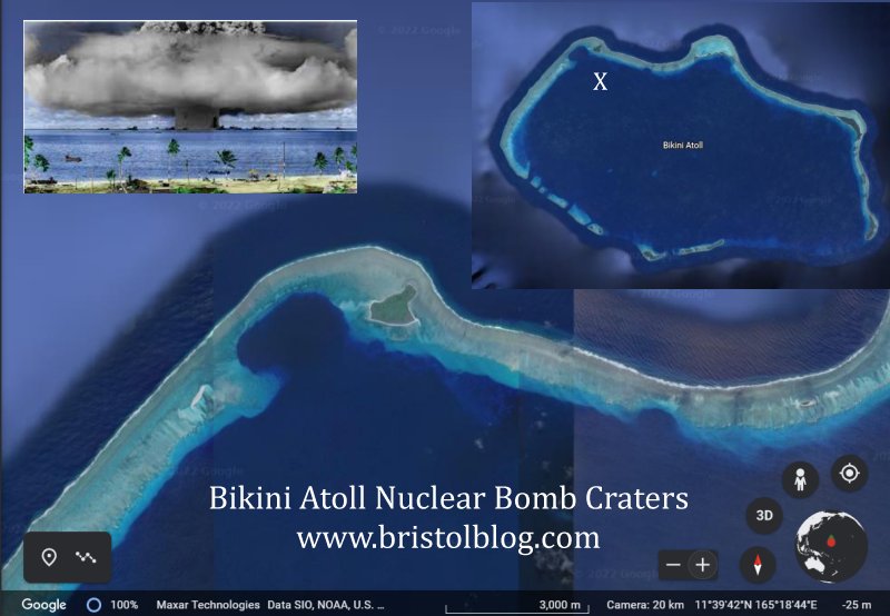 Bikini Atoll bomb craters as seen from Google Earth.