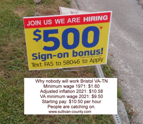 Bristol Virginia Job ad offering $500 sign on bonus.